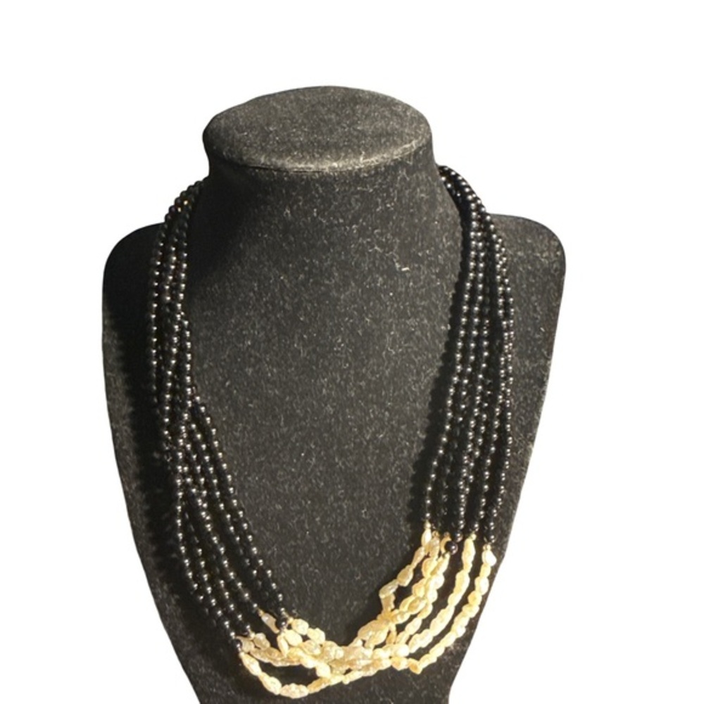 Vintage 14/20 Gold-Filled Filigree Clasp Necklace Onyx/Baroque Pearl Beads 1950s